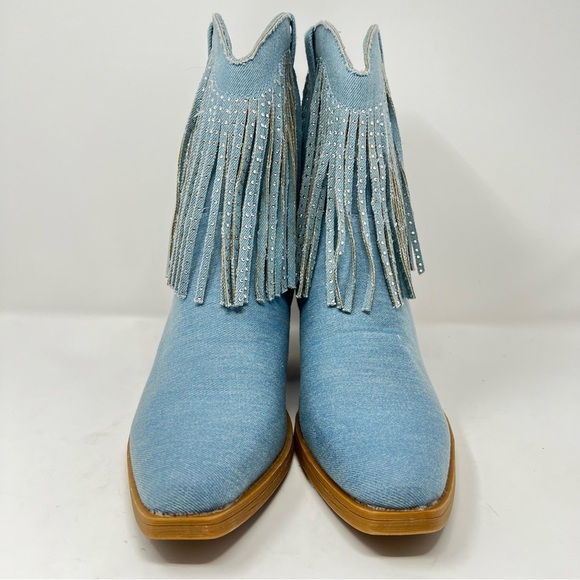 Sugar Light Blue Fringe Ankle Boots - Picture 6 of 11